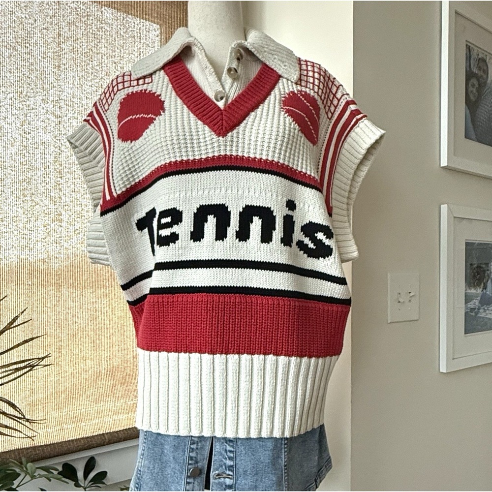 Maeve Twofer‎ Tennis Cardigan Women's Small Retro Chunky V-neck Cream Red